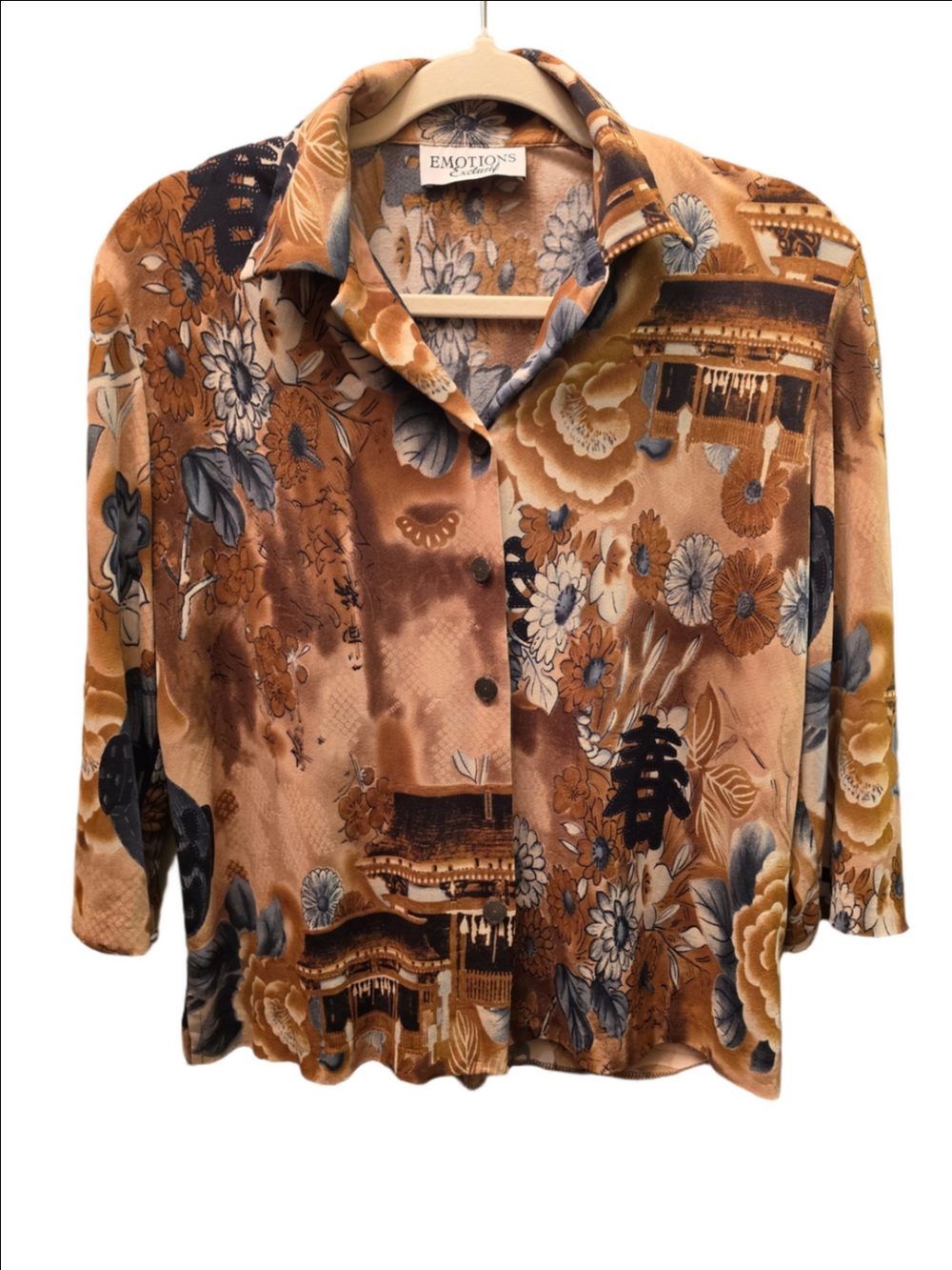 90s Vintage Floral Pagoda Print Blouse Emotions Exclusif Brown Button Up